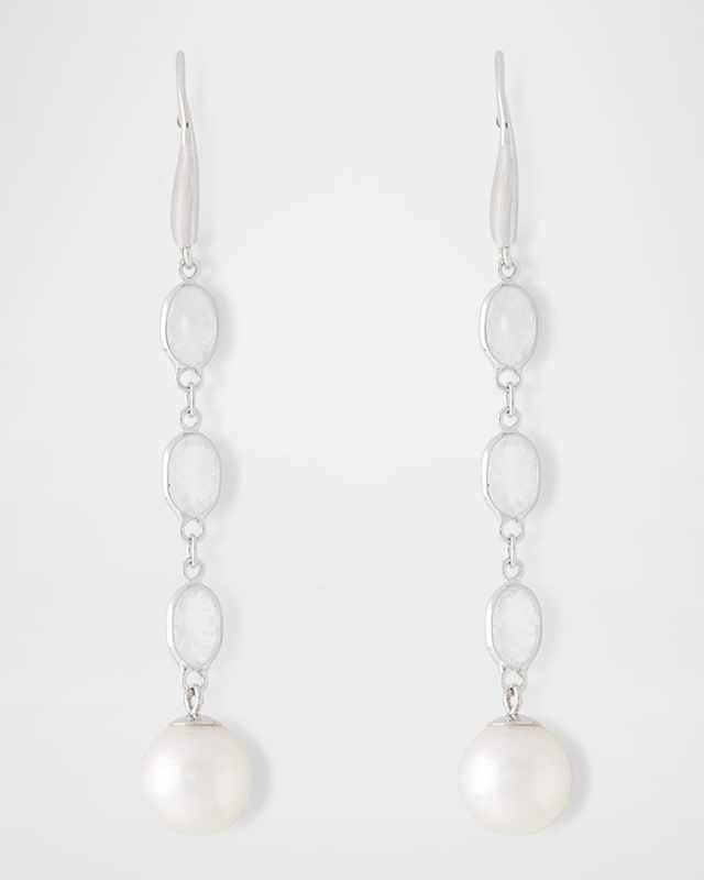 18K White Gold Oval Moonstone and 8mm Akoya Pearl Drop Earrings